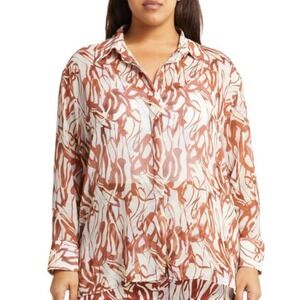 OPEN EDIT Oversize Sheer Button-Up Shirt Size 2X Lava Abstract Print MSRP$59